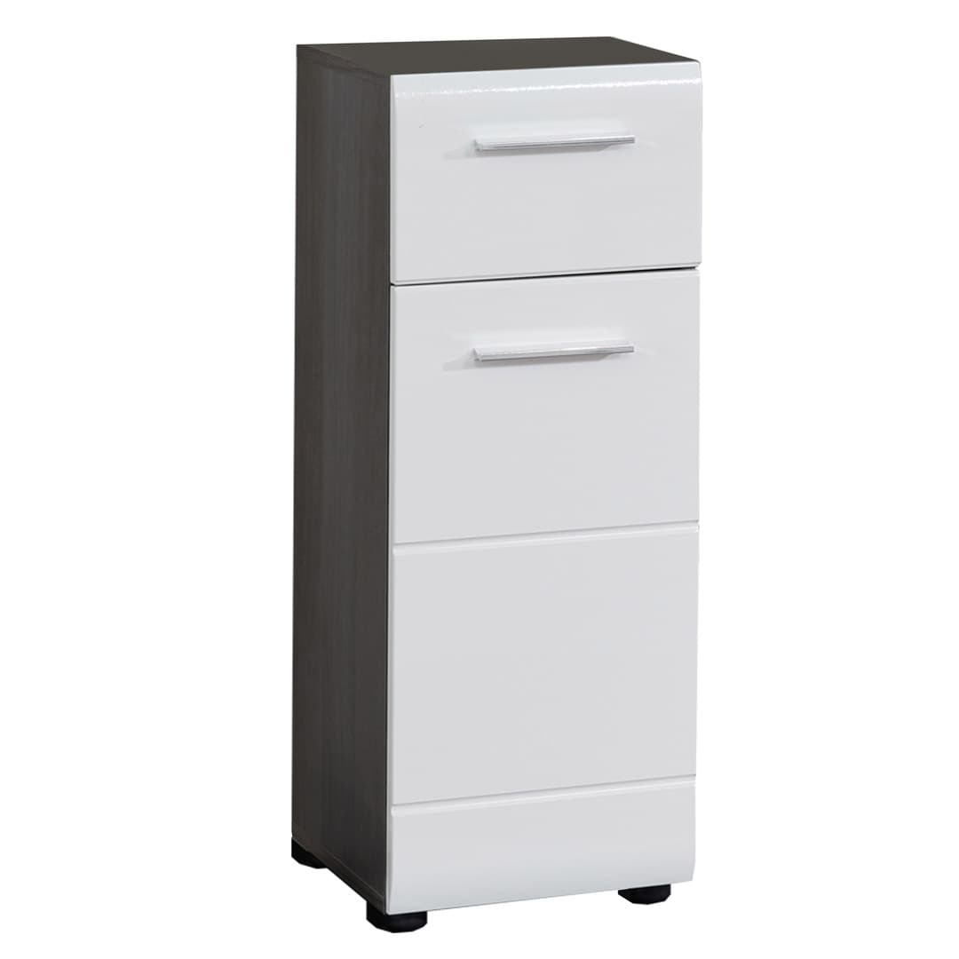 LineBad Badschrank 1 Tür, 1 Schublade rauchsilber, weiß Hochglanz.