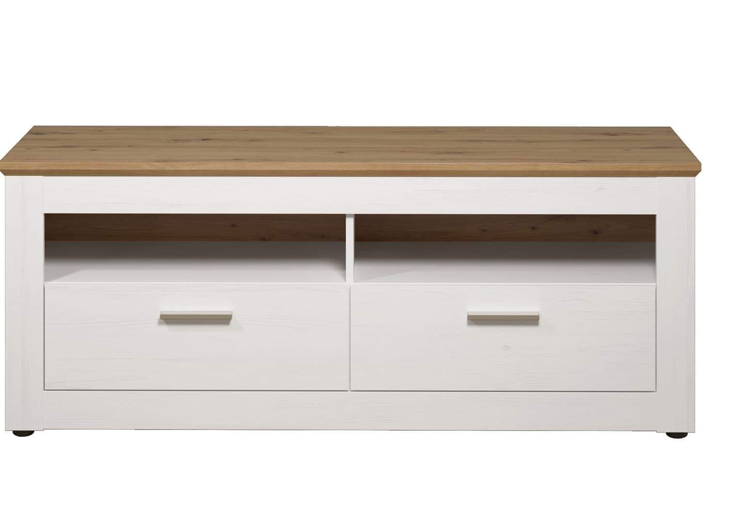 Shade TVUnterteil 2 Schubladen, 2 Offene Fächer Pine weiß Dekor, Eiche Dekor.