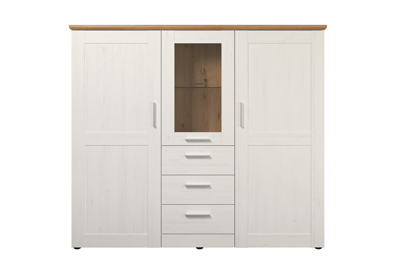 Shade Highboard 3 Türen, 3 Schubladen Pine weiß Dekor, Eiche Dekor.