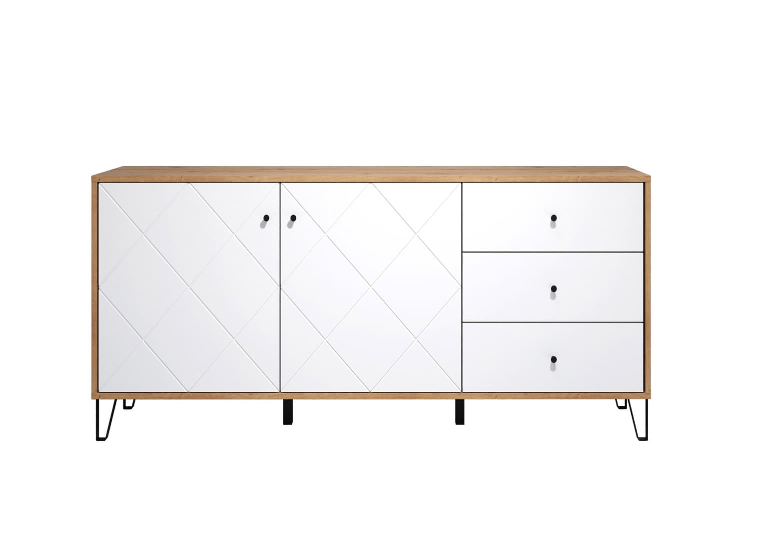 Touch Sideboard 2 Türen, 3 Schubladen Eiche Dekor, weiß matt.
