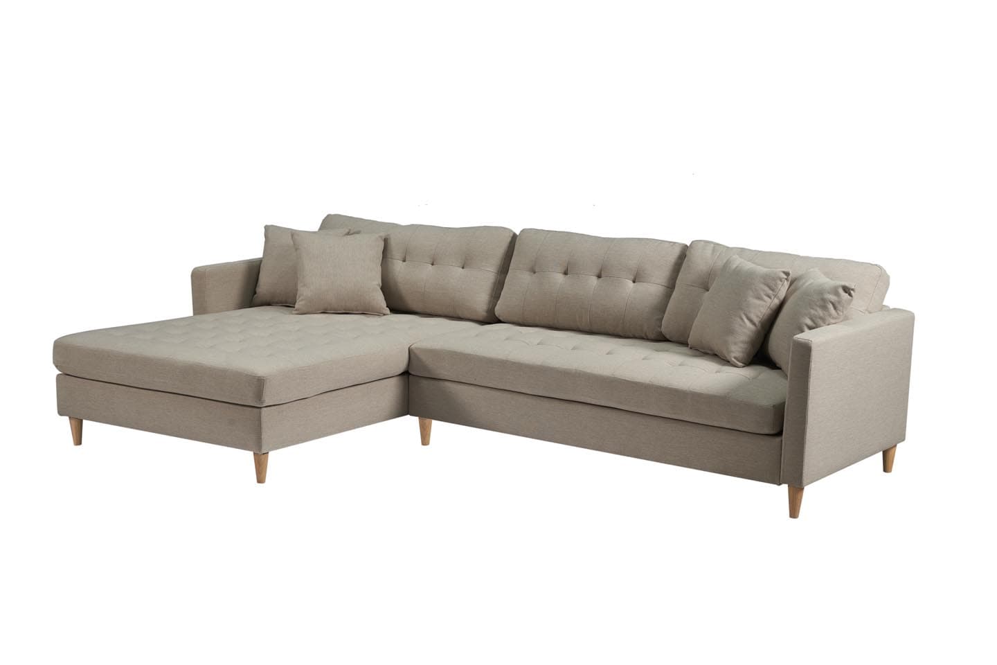 Marino Deluxe Chaiselongsofa rechts oder links gewendet mit Kissen Stoff sandfarben.