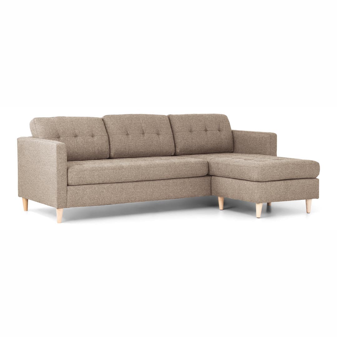Marino Sofa, Chaiselongsofa rechts oder links gewendet in hellbraun Stoff mit Holzbeinen.