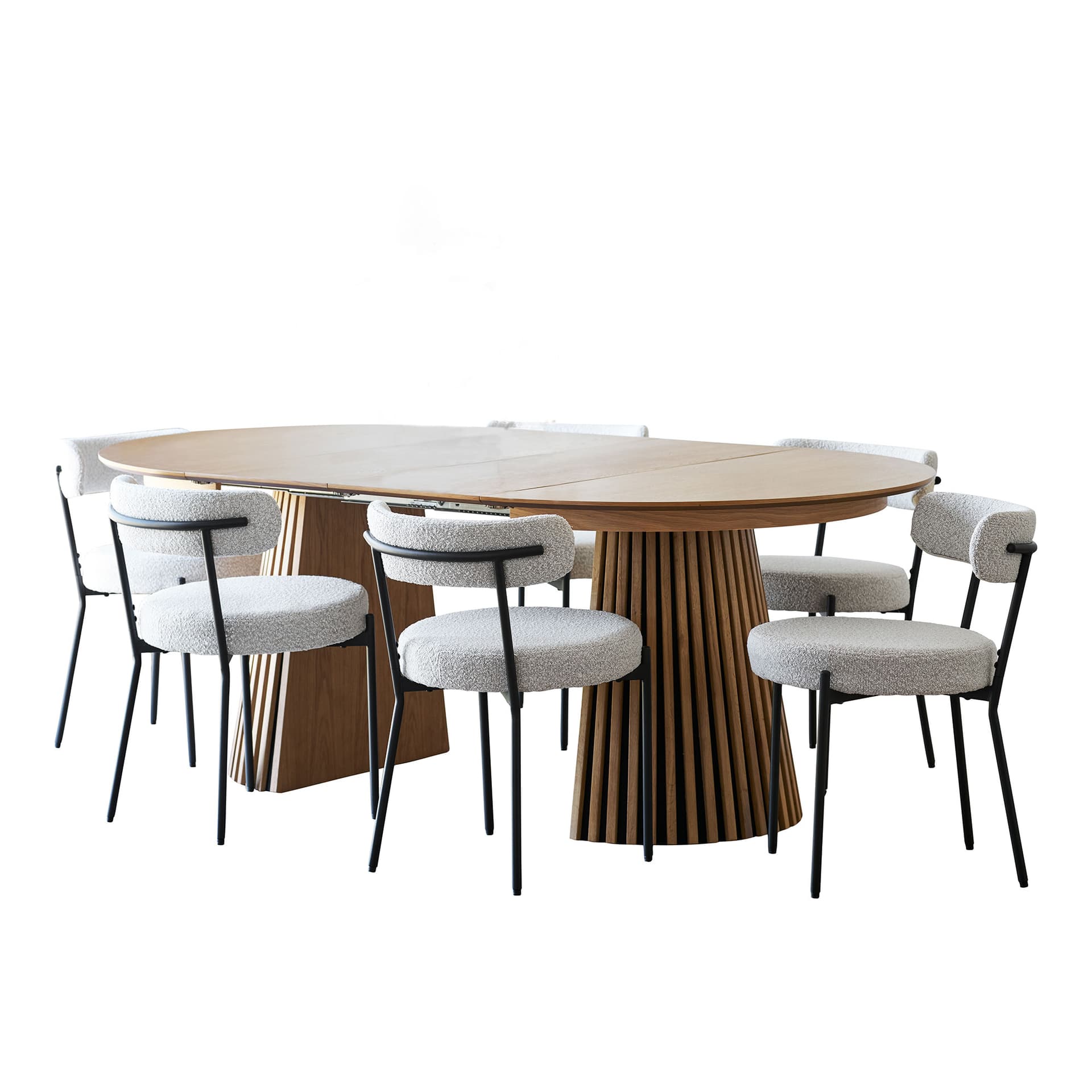 Tokyo Essgruppe Esstisch inkl. 2 Einlegeplatten Ø120x120-160-200 cm Eichenfurnier und 6 Stühle Bouclé Weiß.