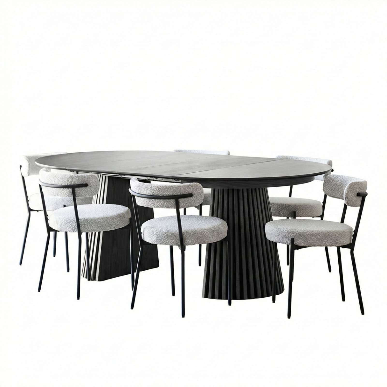 Tokyo Essgruppe Esstisch inkl. 2 Einlegeplatten Ø120x120-160-200 cm Schwarz und 6 Stühle Bouclé Weiß.