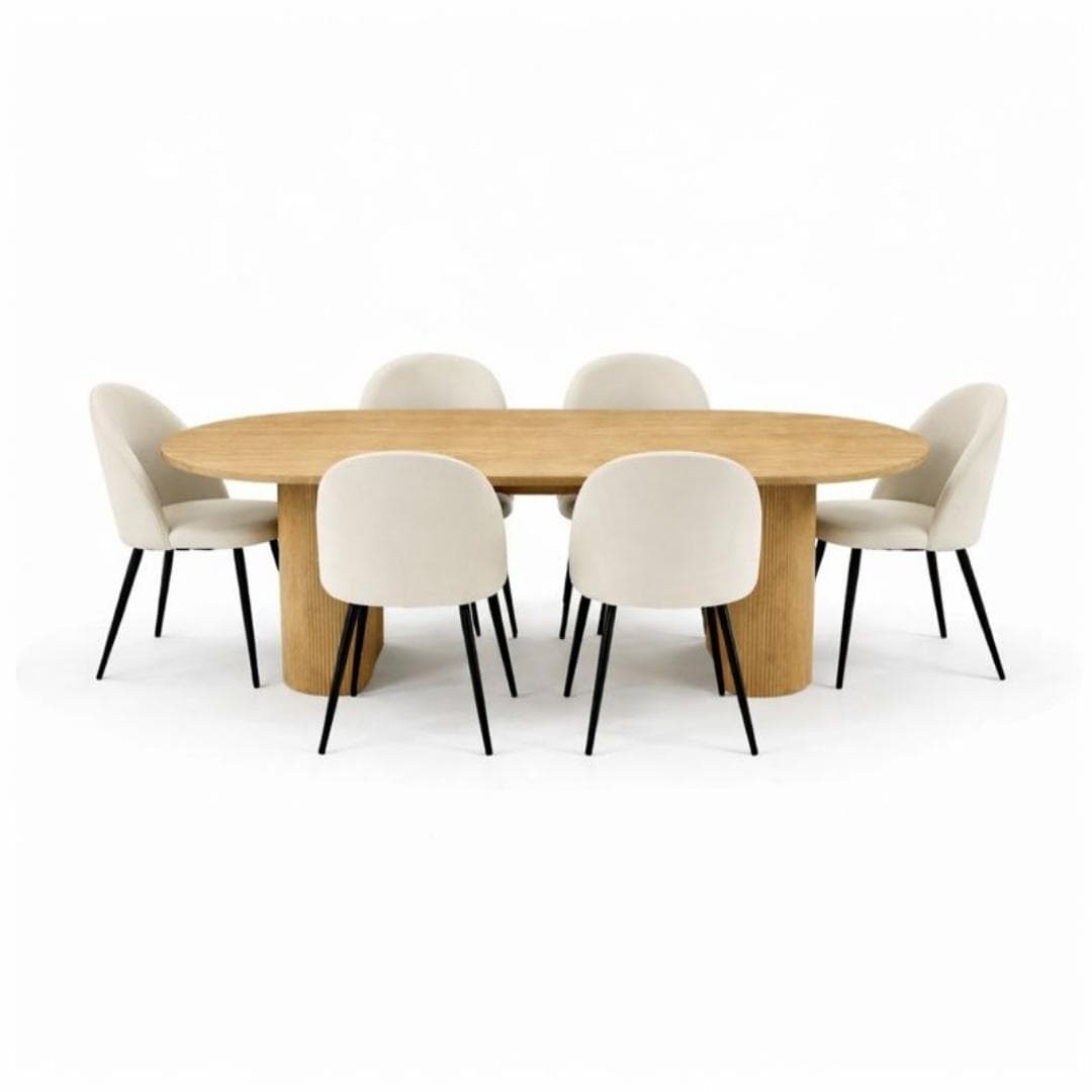 Kyoto Essgruppe Esstisch 100x210cm Natur, 6 Stühle Velours beige.