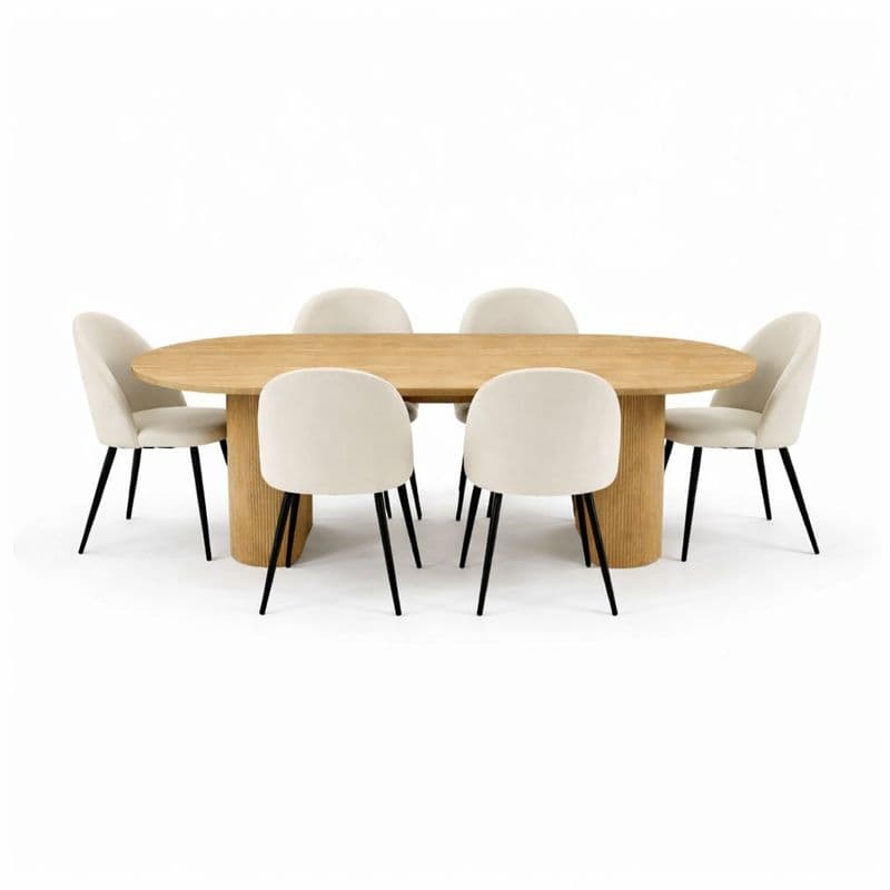 Kyoto Essgruppe Esstisch 100x210cm Natur, 6 Stühle Samt beige.