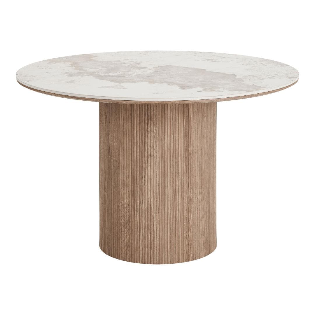 Minamata Esstisch Ø120cm, Keramik-Tischplatte weiß, dunkelbraun.