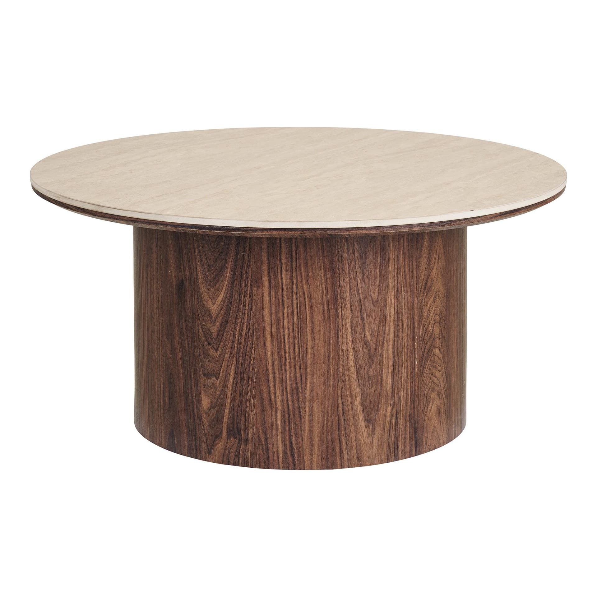 Minamata Couchtisch Ø80cm, Keramik-Tischplatte Travertin, Walnuss-Dekor.
