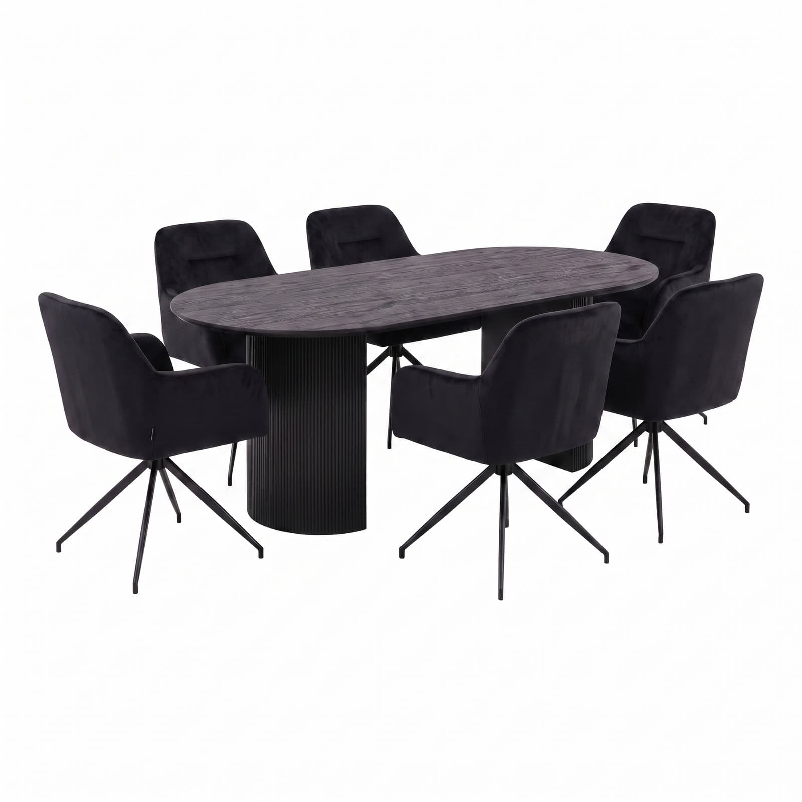 Kyoto Essgruppe Tisch 100x210cm dunkelbraun und 6 Moon Stühle Velours schwarz.