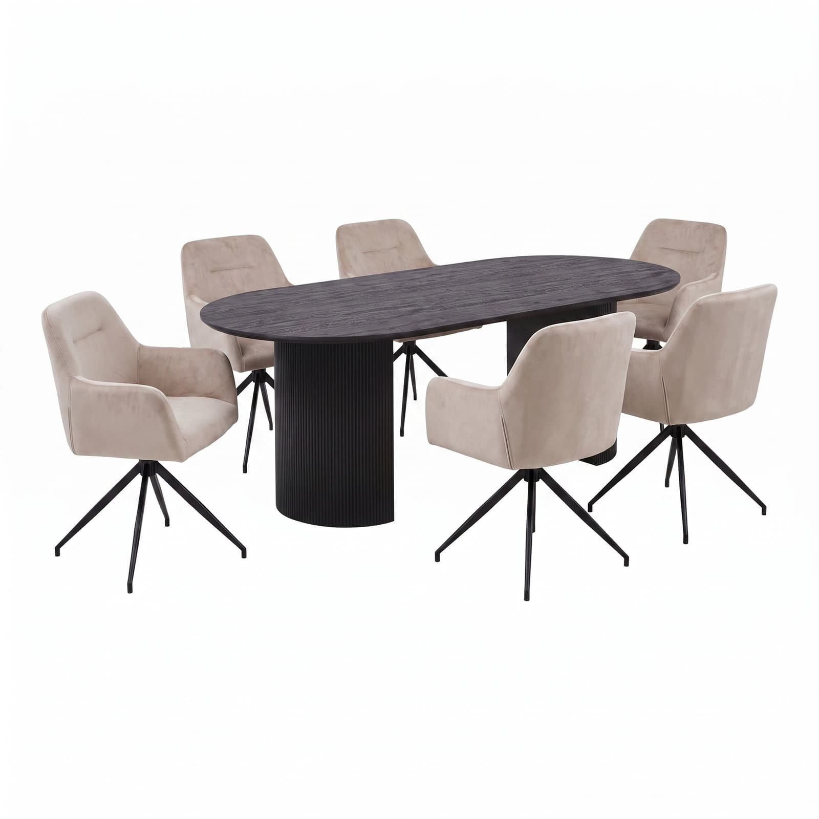 Kyoto Essgruppe Tisch 100x210cm dunkelbraun und 6 Moon Stühle Velours beige.