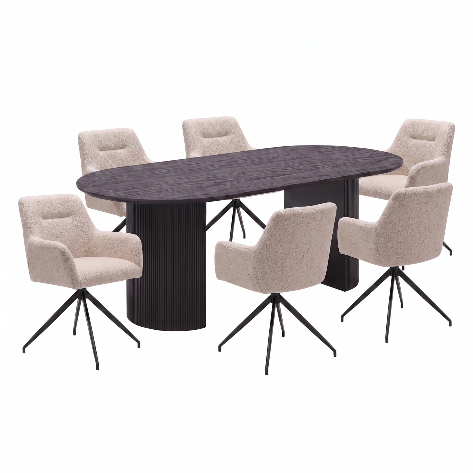 Kyoto Essgruppe Tisch 100x210cm dunkelbraun und 6 Moon Stühle boucle beige.