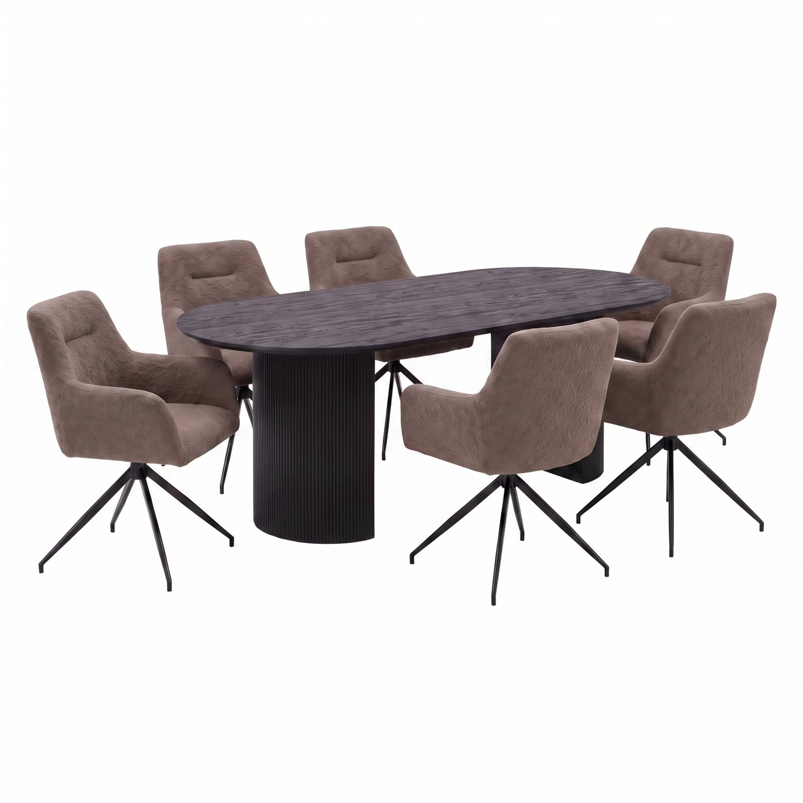 Kyoto Essgruppe Tisch 100x210cm dunkelbraun und 6 Moon Stühle boucle braun.