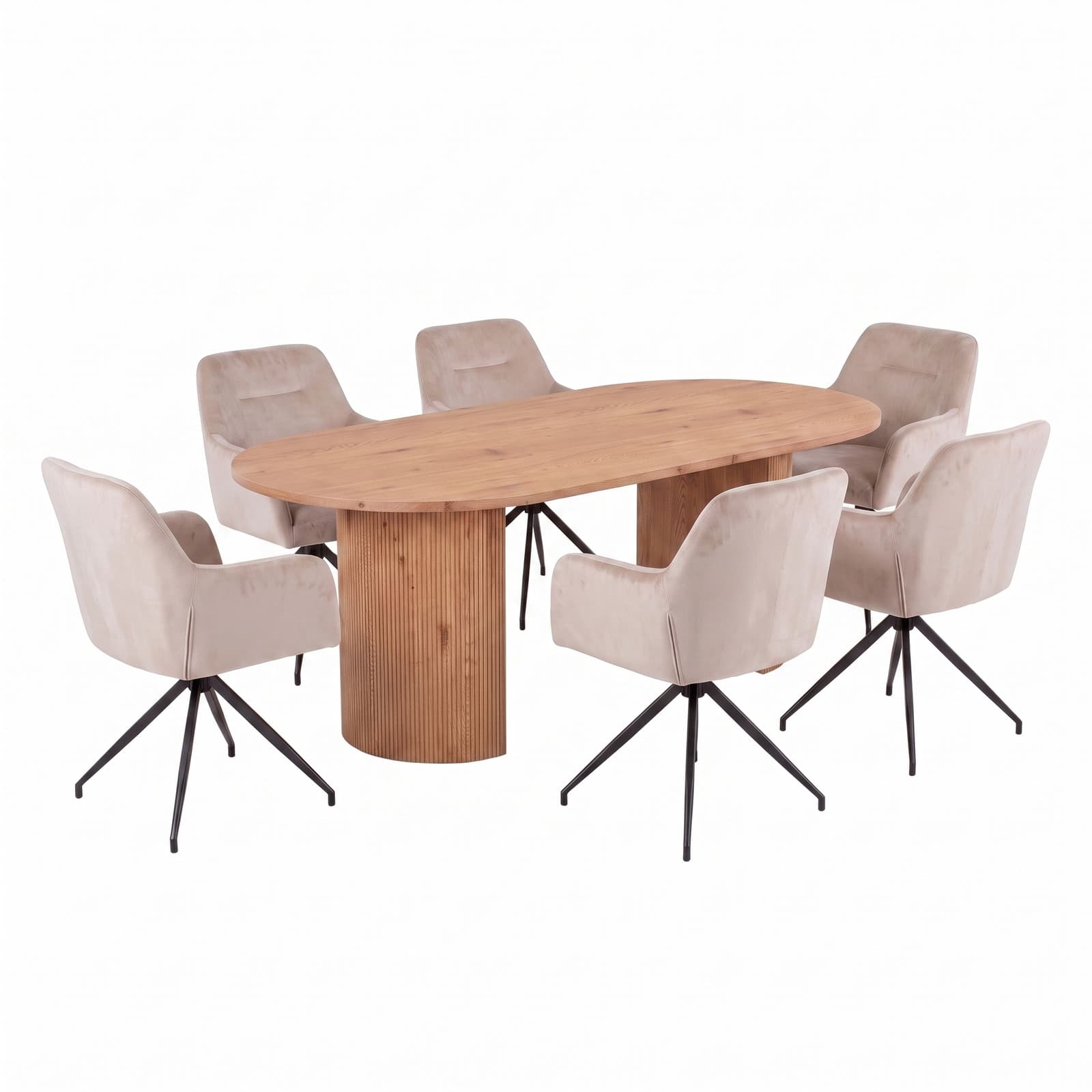 Kyoto Essgruppe Tisch 100x210cm naturfarben und 6 Moon Stühle Velours beige.