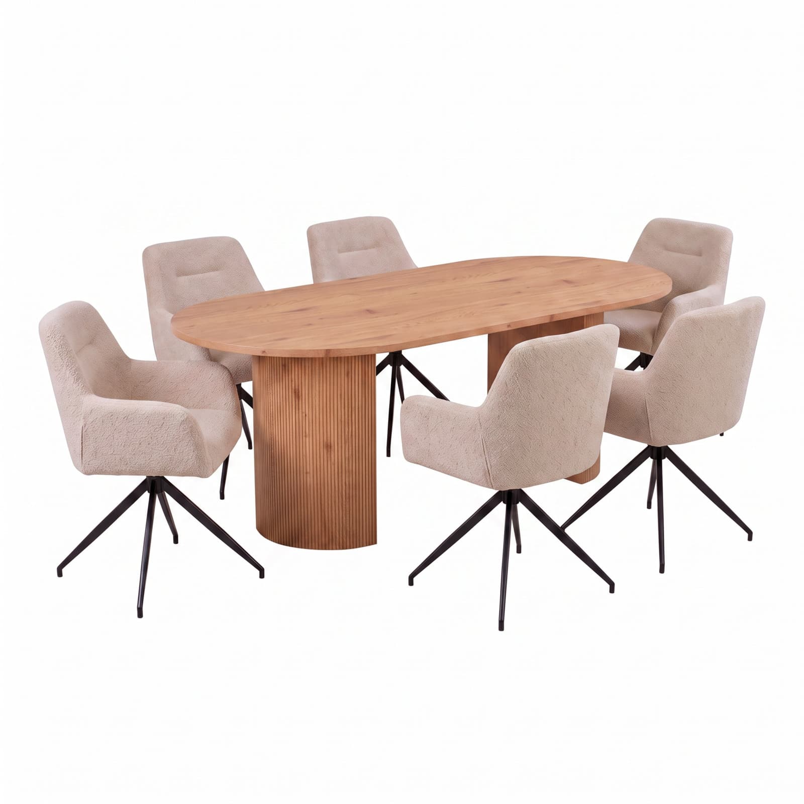Kyoto Essgruppe Tisch 100x210cm naturfarben und 6 Moon Stühle boucle beige.