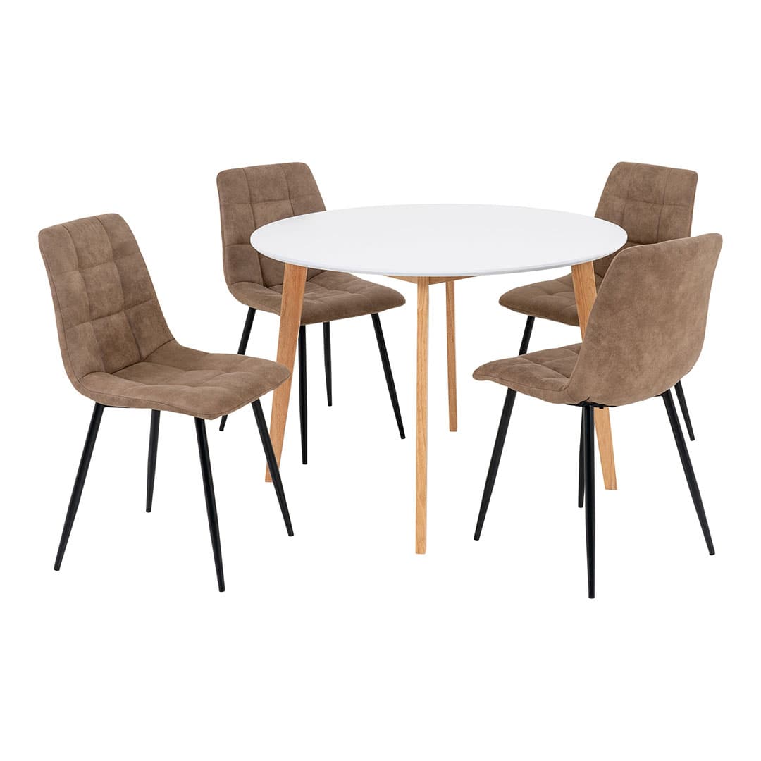 Vojens Essgruppe Esstisch Ø105cm Weiß und 4 Middelfart Stuhl braun.