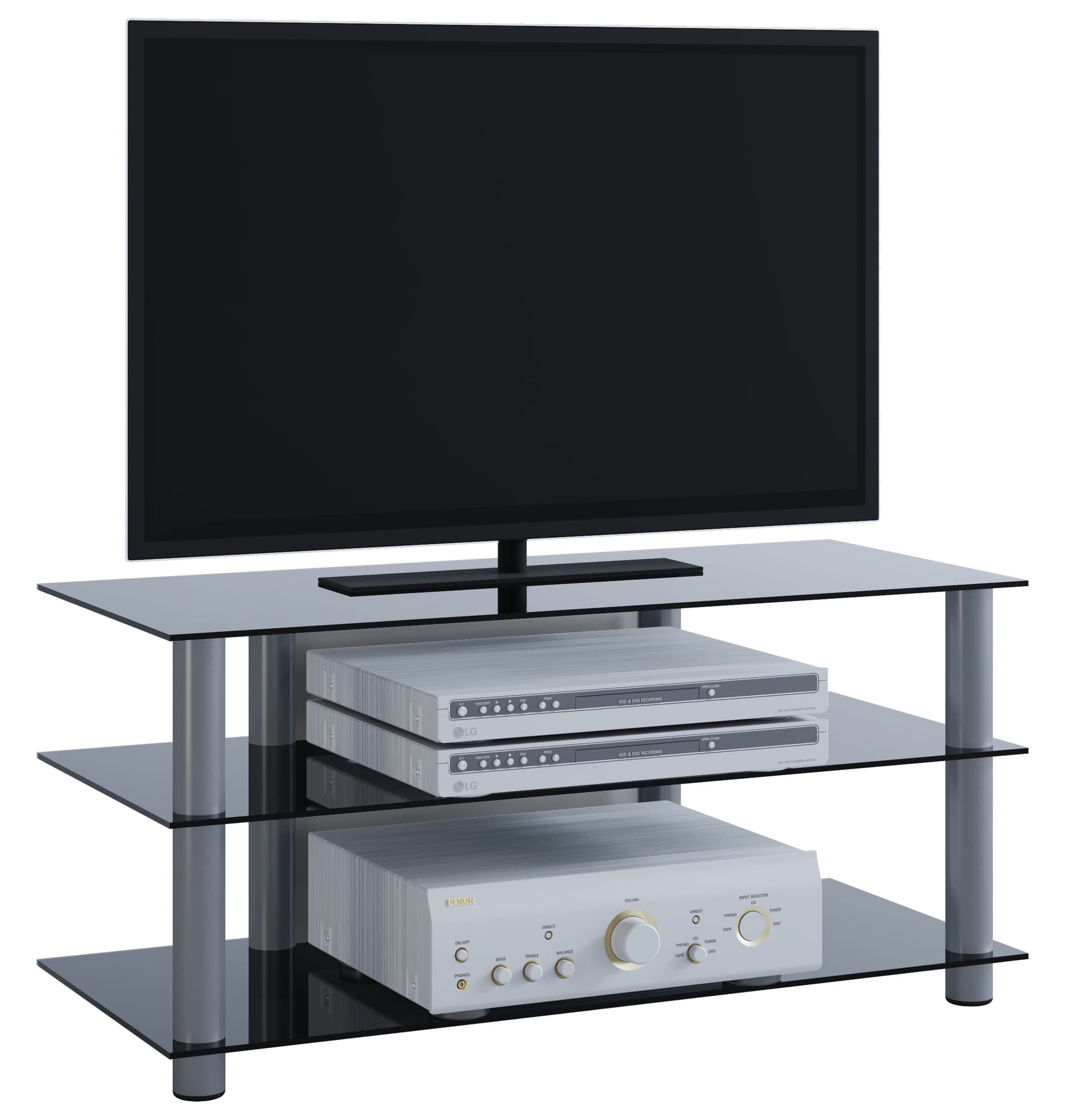 Netasa TV-Möbel mit 3 Glasböden Silberfarbig, Schwarzglas.
