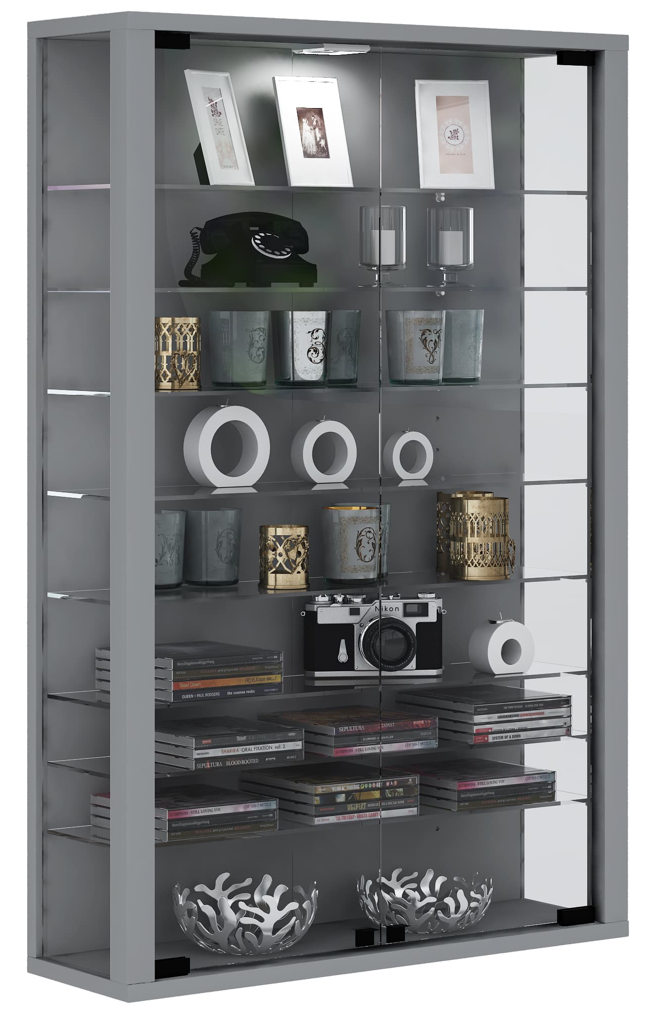 Vitrosa Mini Vitrinenschrank Wandhängend mit 2 Glastüren 8 Glasböden Silberfarbig.