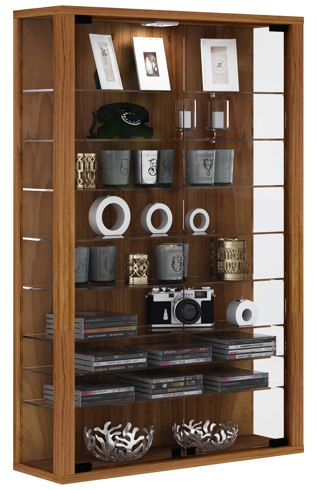 Vitrosa Mini Vitrinenschrank Wandhängend mit 2 Glastüren 8 Glasböden Kern-Nussbaum dekor.