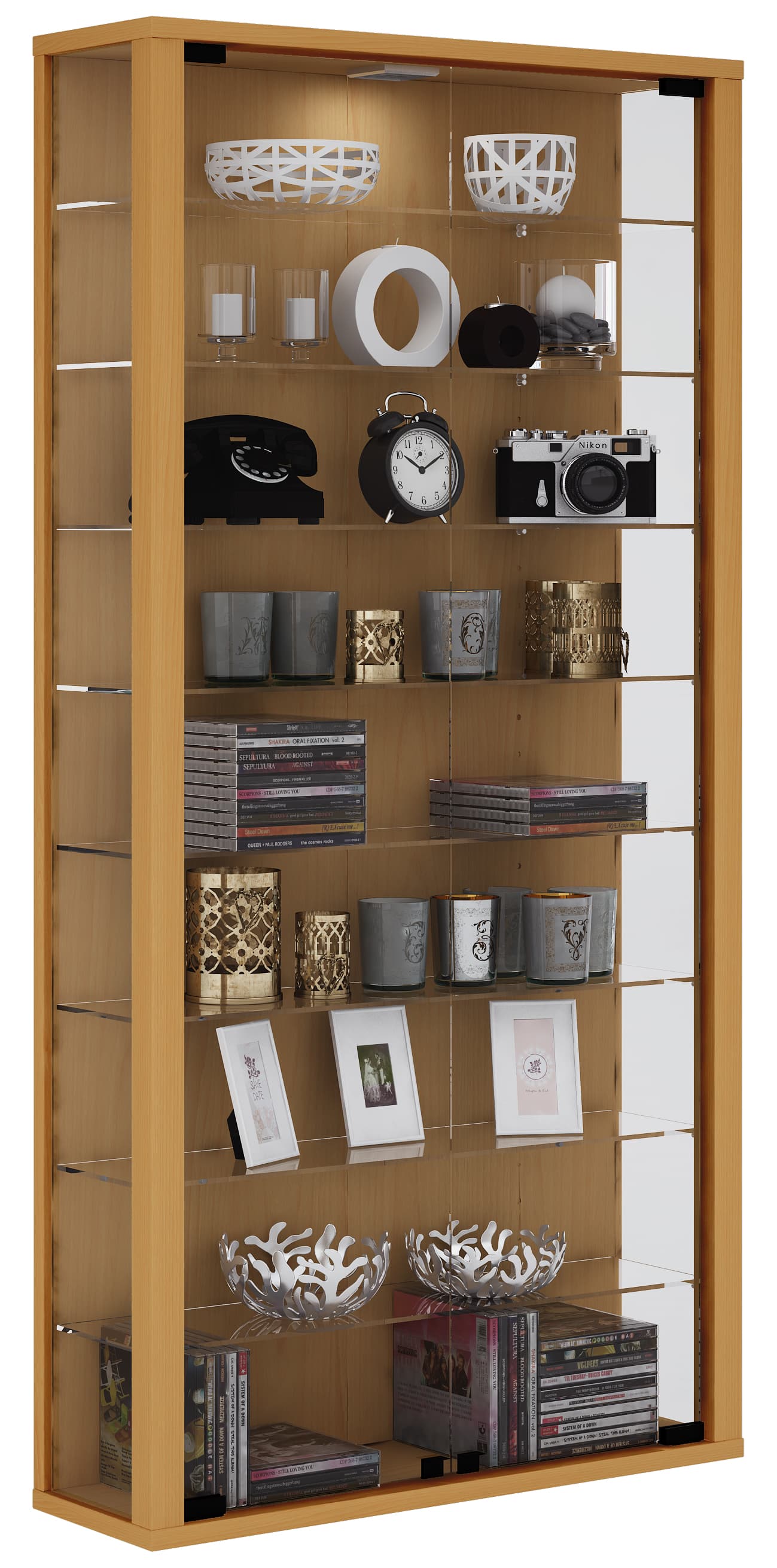Vitrosa Maxi Vitrinenschrank Wandhängend mit 2 Glastüren 8 Glasböden Buche dekor.
