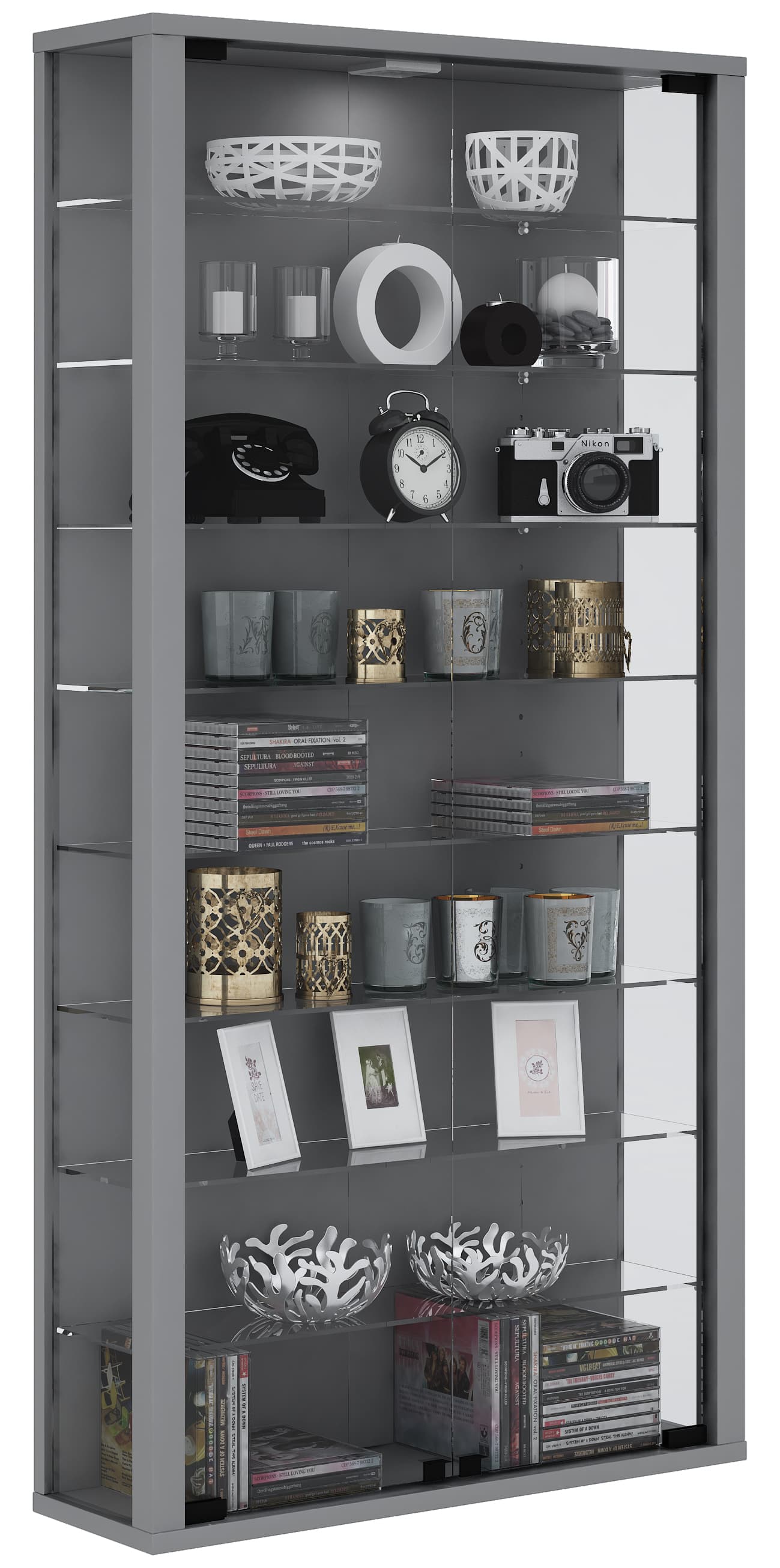 Vitrosa Maxi Vitrinenschrank Wandhängend mit 2 Glastüren 8 Glasböden Silberfarbig.