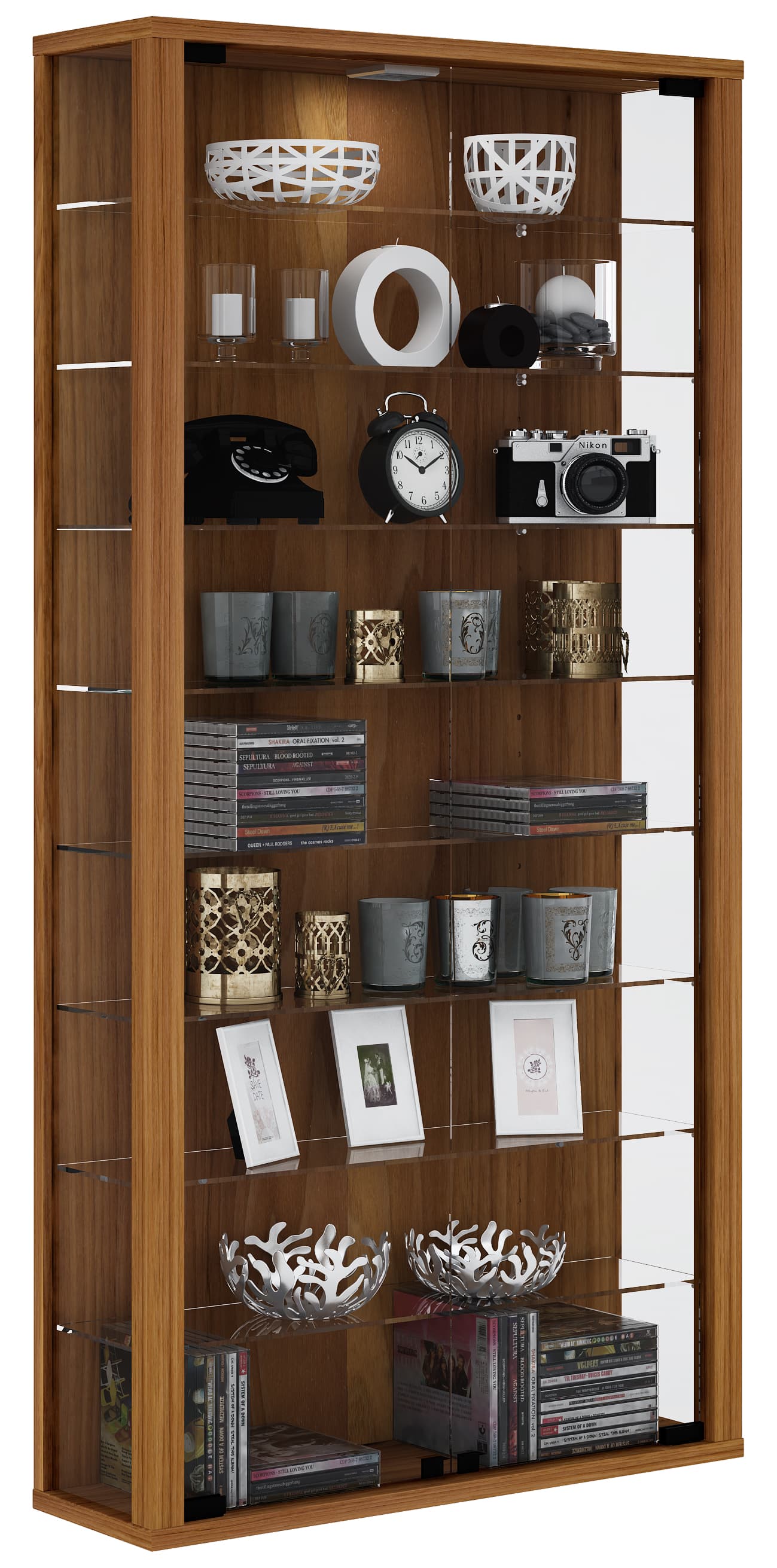 Vitrosa Maxi Vitrinenschrank Wandhängend mit 2 Glastüren 8 Glasböden Kern-Nussbaum dekor.