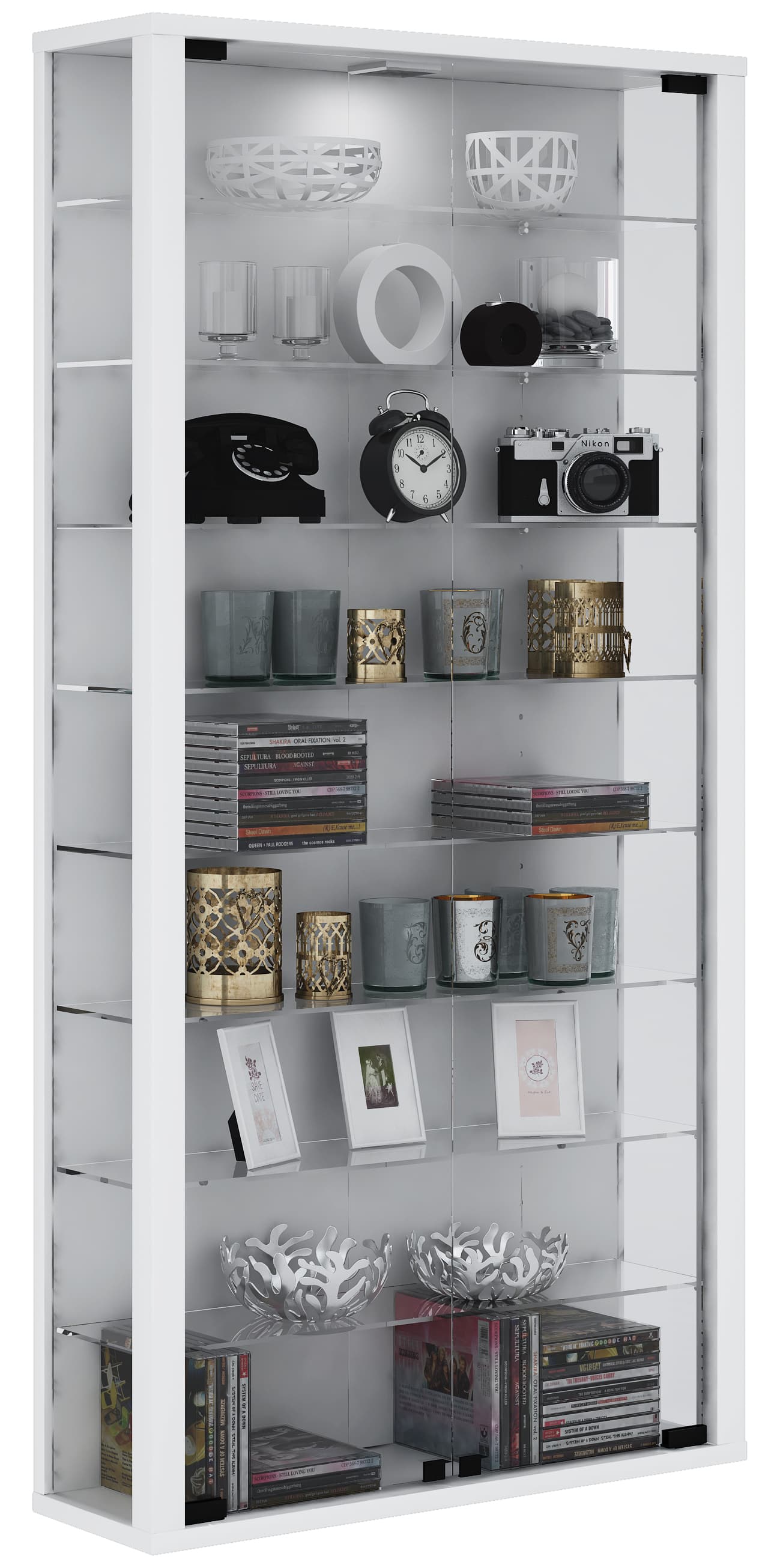Vitrosa Maxi Vitrinenschrank wandhängend mit 2 Glastüren und Licht weiß.