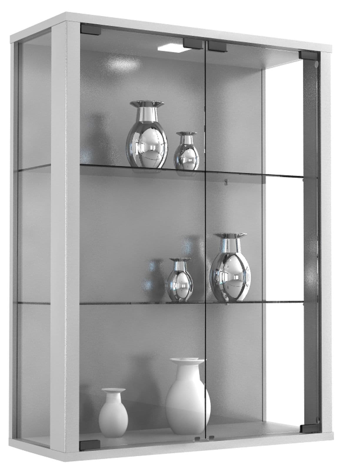 Udina Vitrinenschrank wandhängend mit 2 Glastüren und Licht Silberfarbig.