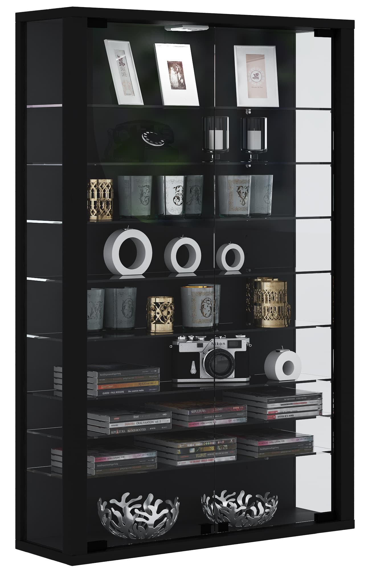 Vitrosa Mini Vitrinenschrank Wandhängend mit 2 Glastüren 8 Glasböden. schwarz.