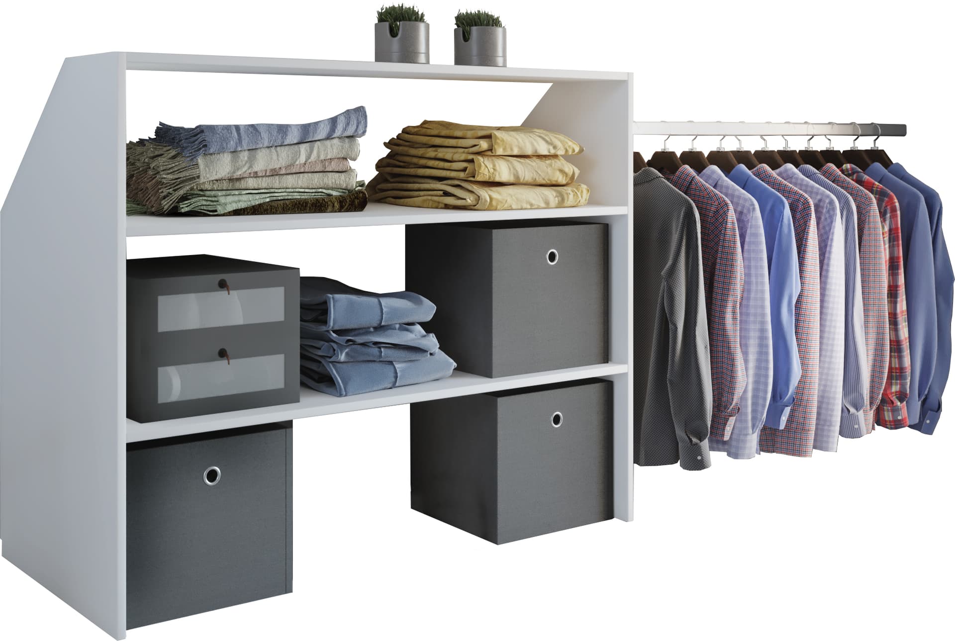 Dacho Regal , Regal, Kleiderschrank Schrägwand 2 Regale und 1 Kleiderstange weiß.