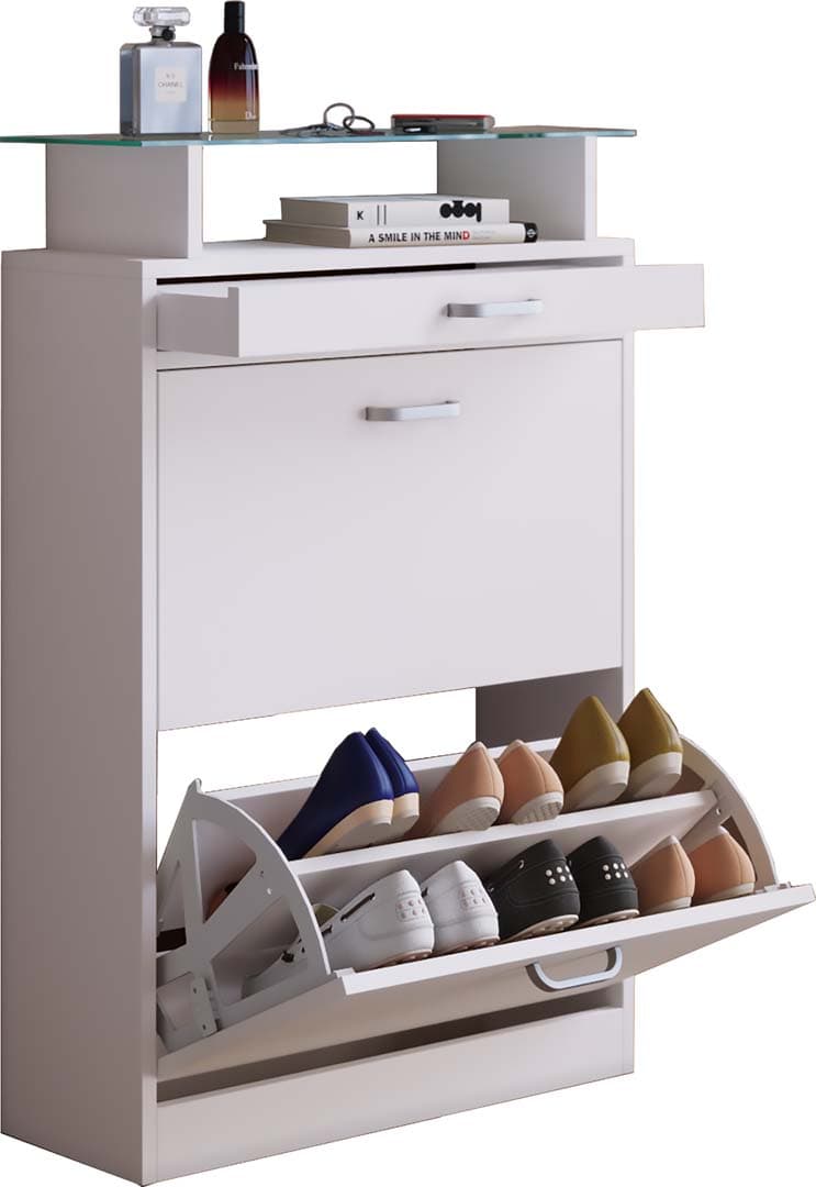 Braso Schuhschrank 2 Klaptüren 1 Schublade weiß.