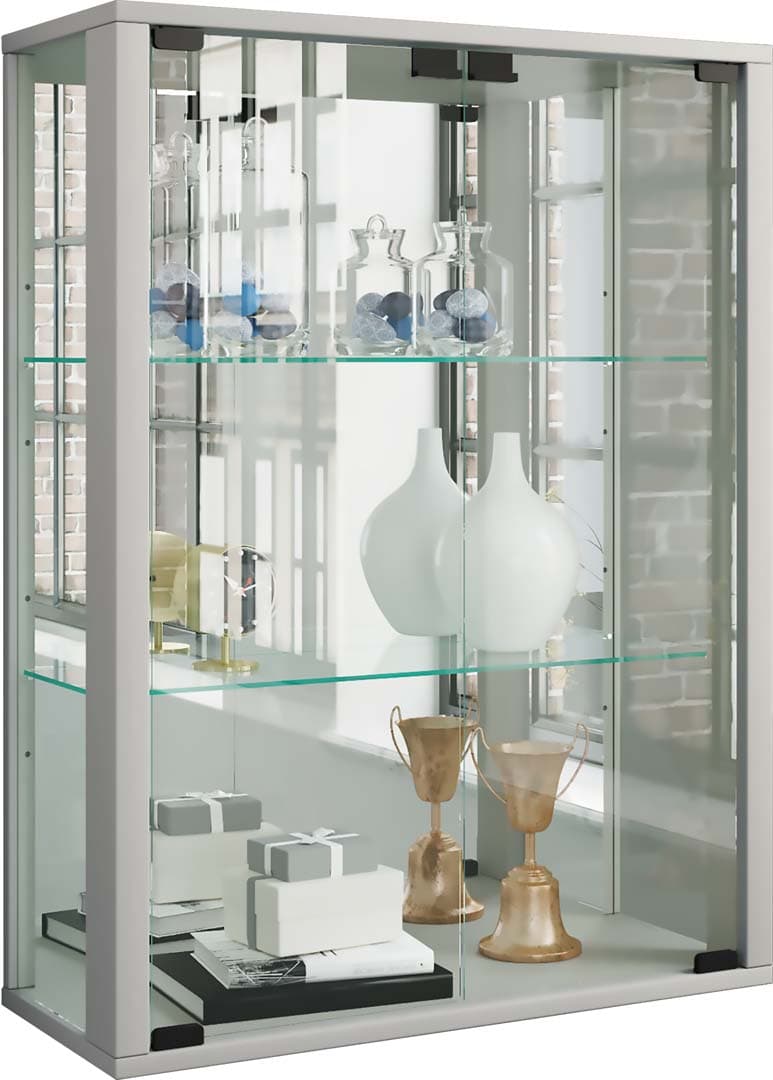 Udina Vitrinenschrank wandhängend mit Spiegel 2 Glastüren silberfarben.