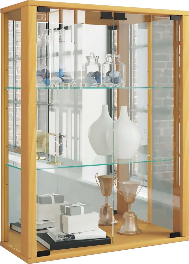Udina Vitrinenschrank wandhängend mit Spiegel 2 Glastüren Inkl. LED-Leuchten Buche dekor.