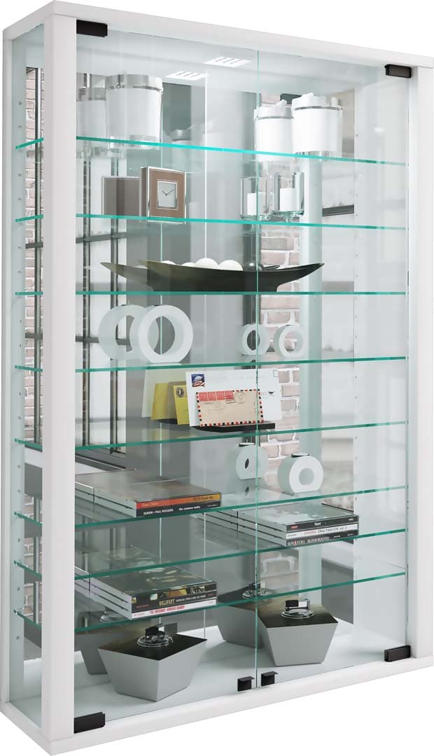 VitrosaMini Vitrinenschrank wandhängend mit Spiegel 2 Glastüren weiß.