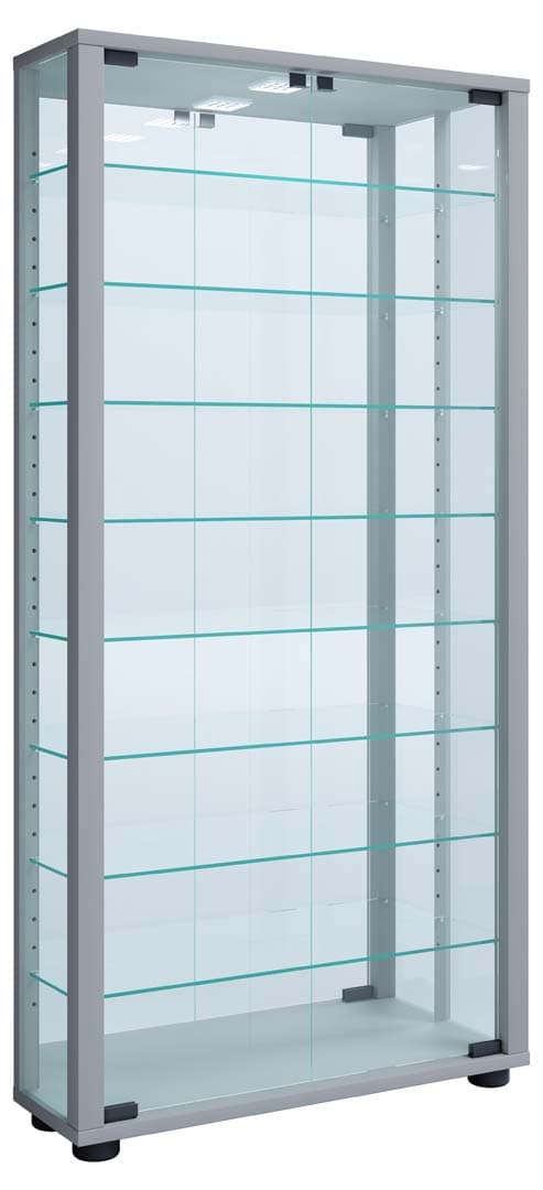 VitrosaMaxi Vitrinenschrank wandhängend mit Spiegel 2 Glastüren Inkl. LED-Leuchten silberfarben.