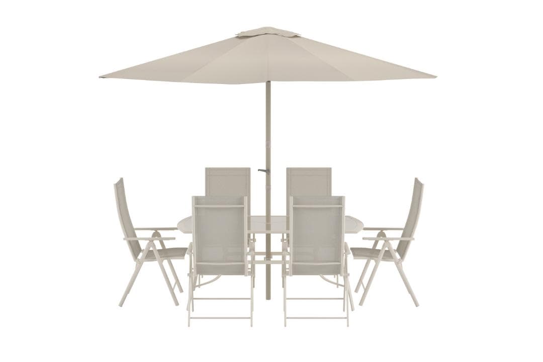 Brekki Gartenset Sonnenschirm, Tisch 90x150cm 6 Stühle beige.