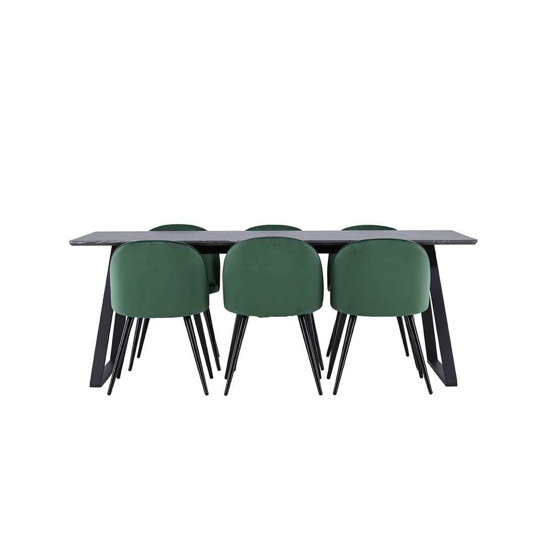 Malaga Essgruppe Esstisch 90x200cm dunkel grau und 6 Skagen Stuhl velour grün.