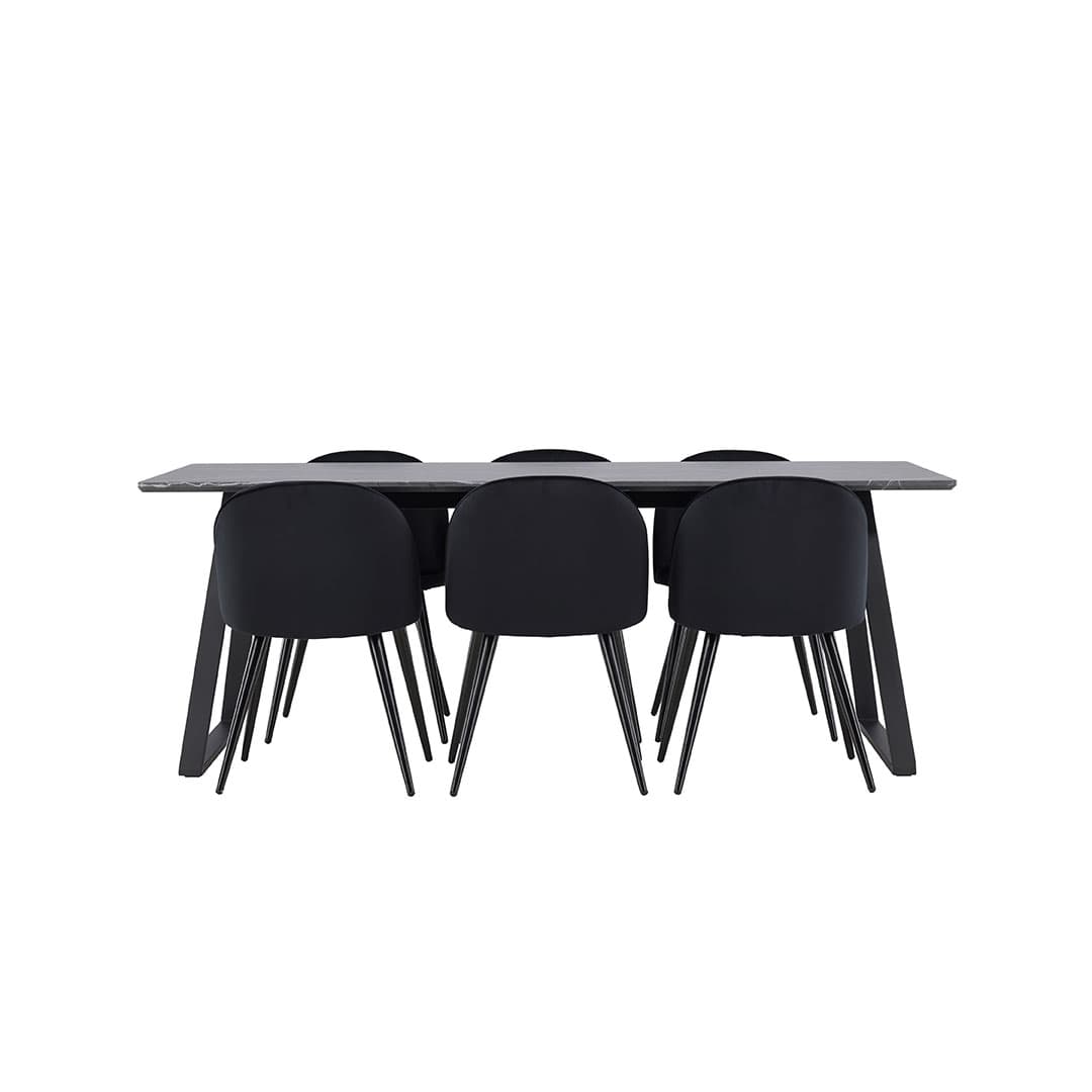 Malaga Essgruppe Esstisch 90x200cm dunkel grau und 6 Skagen Stuhl velour schwarz.