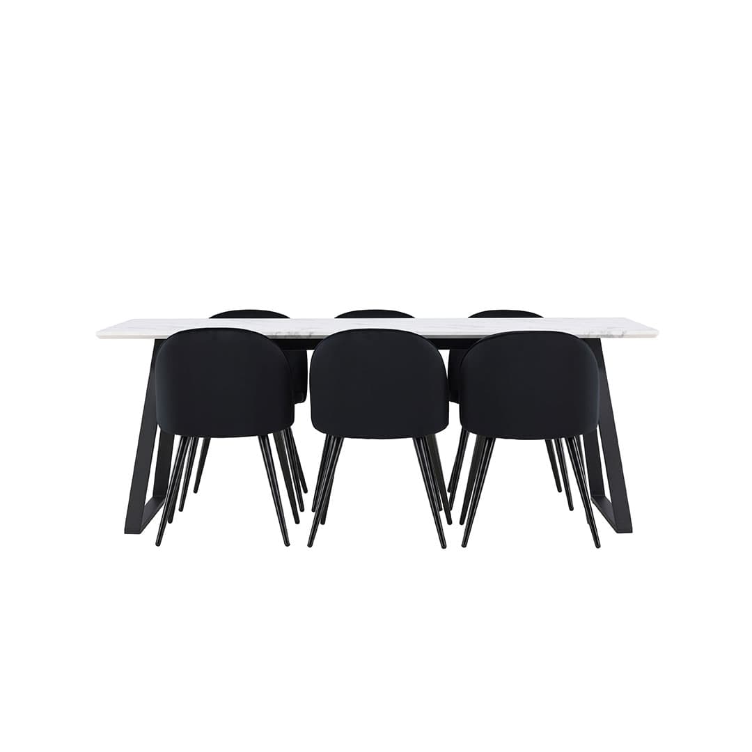Malaga Essgruppe Esstisch 90x200cm weiß und 6 Skagen Stuhl velour schwarz.