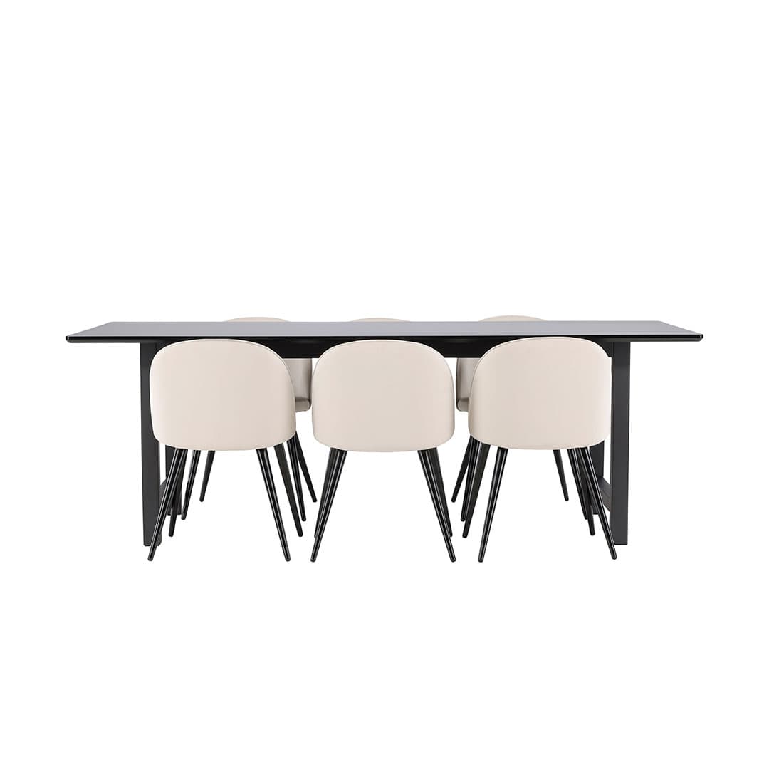 Oslo Essgruppe Esstisch 100x220cm schwarz und 6 Skagen Stuhl velour beige.