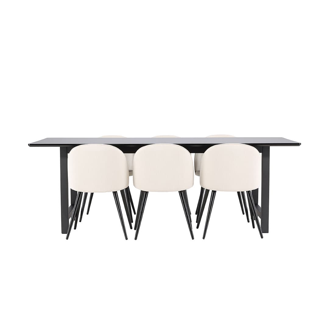 Oslo Essgruppe Esstisch 100x220cm schwarz und 6 Skagen Stuhl samt beige.