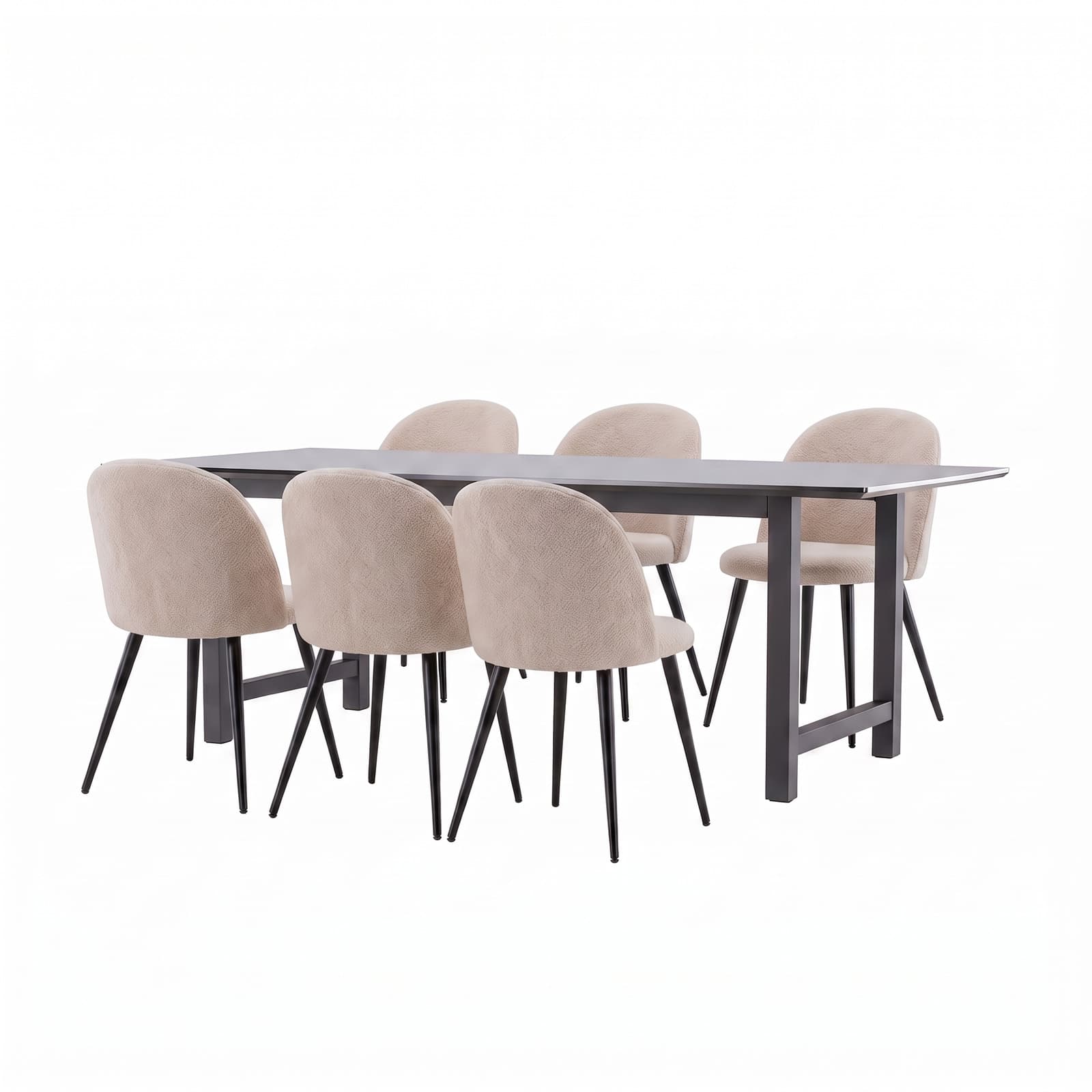 Oslo Essgruppe Esstisch 100x220 cm schwarz und 6 Skagen-Stühle Bouclé beige.