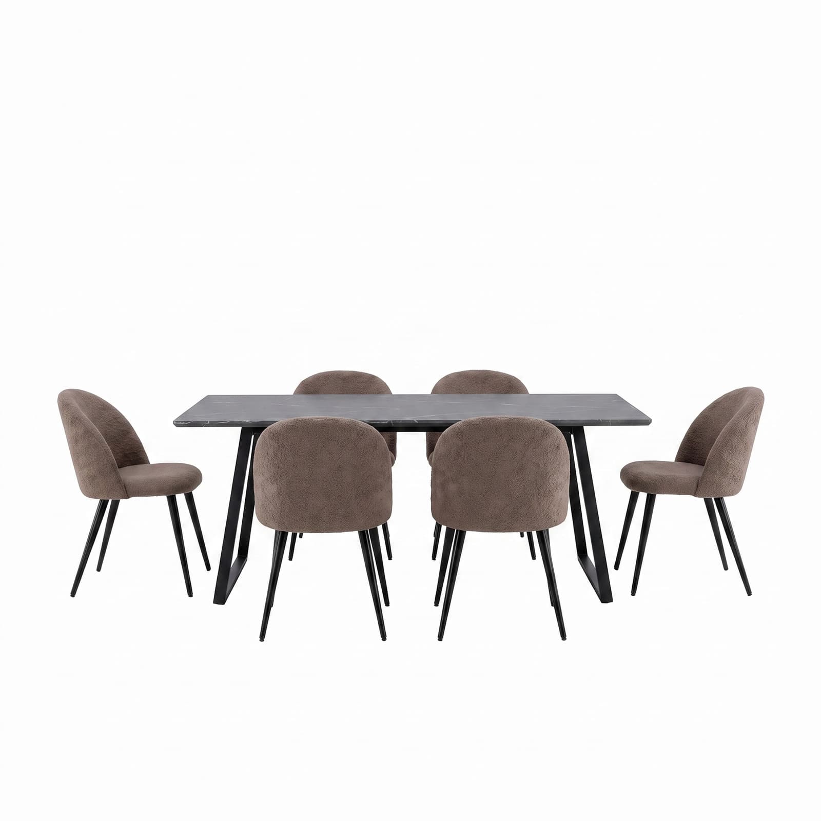 Malaga Essgruppe Esstisch 90x200 cm dunkelgrau und 6 Skagen-Stühle Bouclé braun.