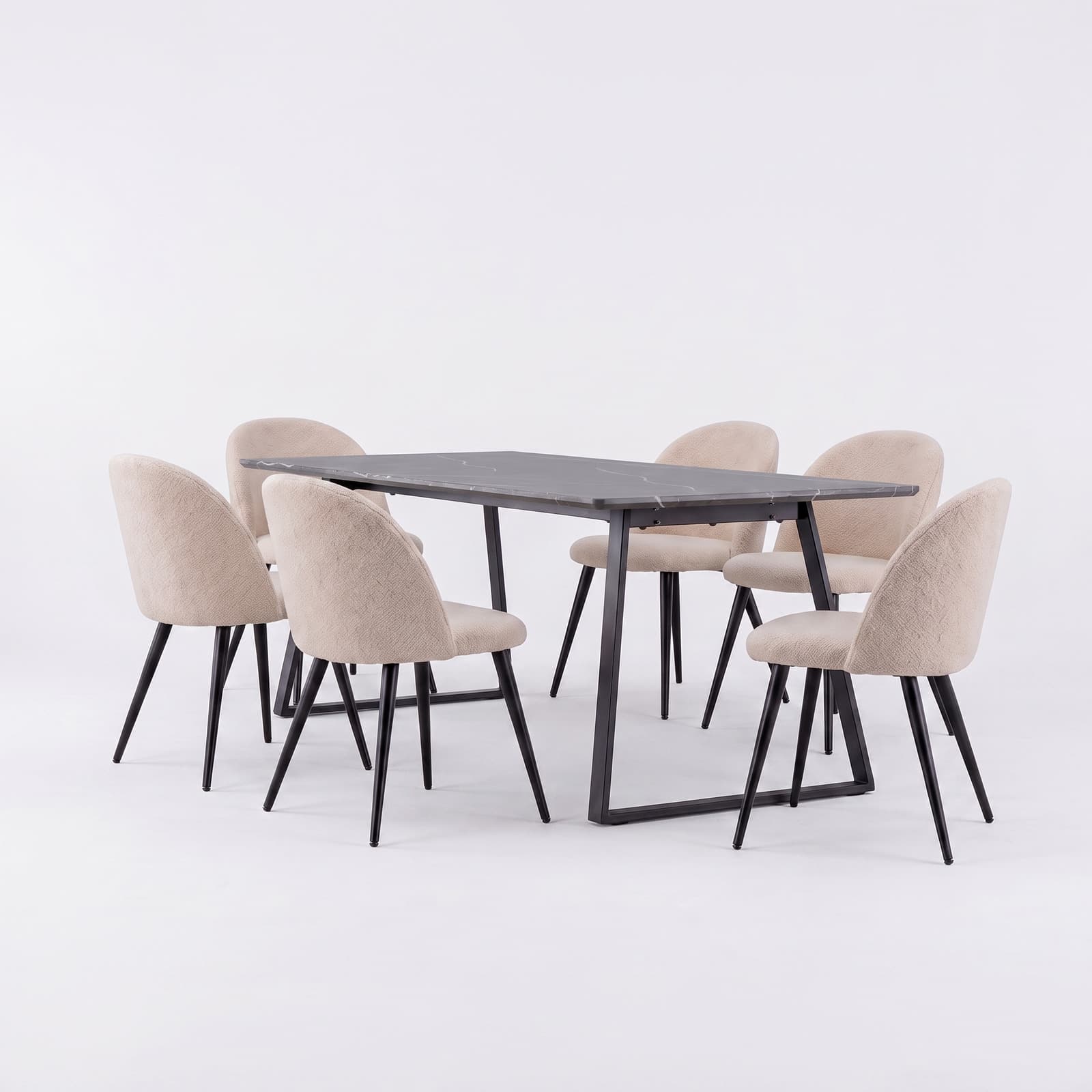 Malaga Essgruppe Esstisch 90x200 cm dunkelgrau und 6 Skagen-Stühle Bouclé beige.