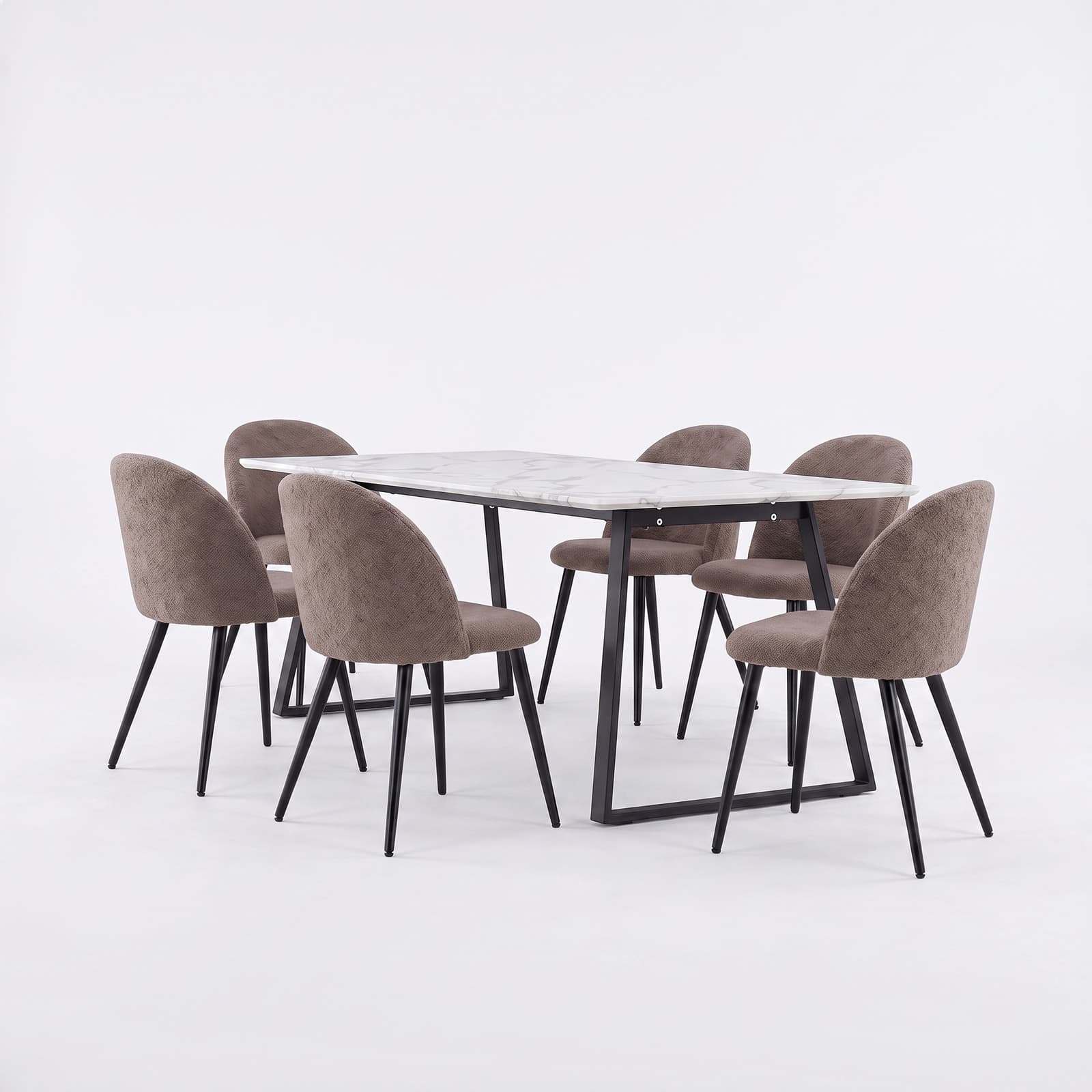 Malaga Essgruppe Esstisch 90x200 cm weiß und 6 Skagen-Stühle Bouclé braun.