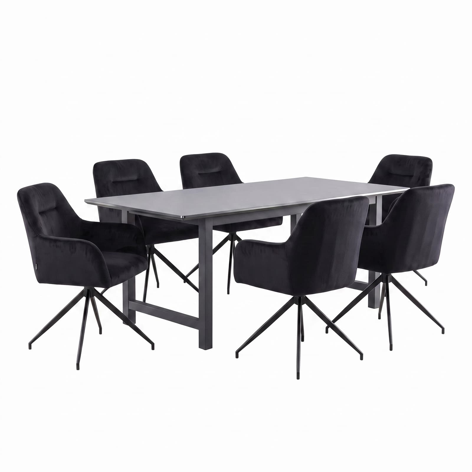 Oslo Essgruppe Tisch 100x220cm schwarz und 6 Moon Stühle Velours schwarz.