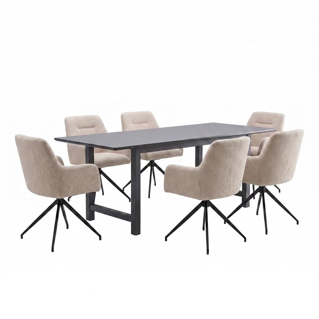 Oslo Essgruppe Tisch 100x220cm schwarz und 6 Moon Stühle boucle beige.