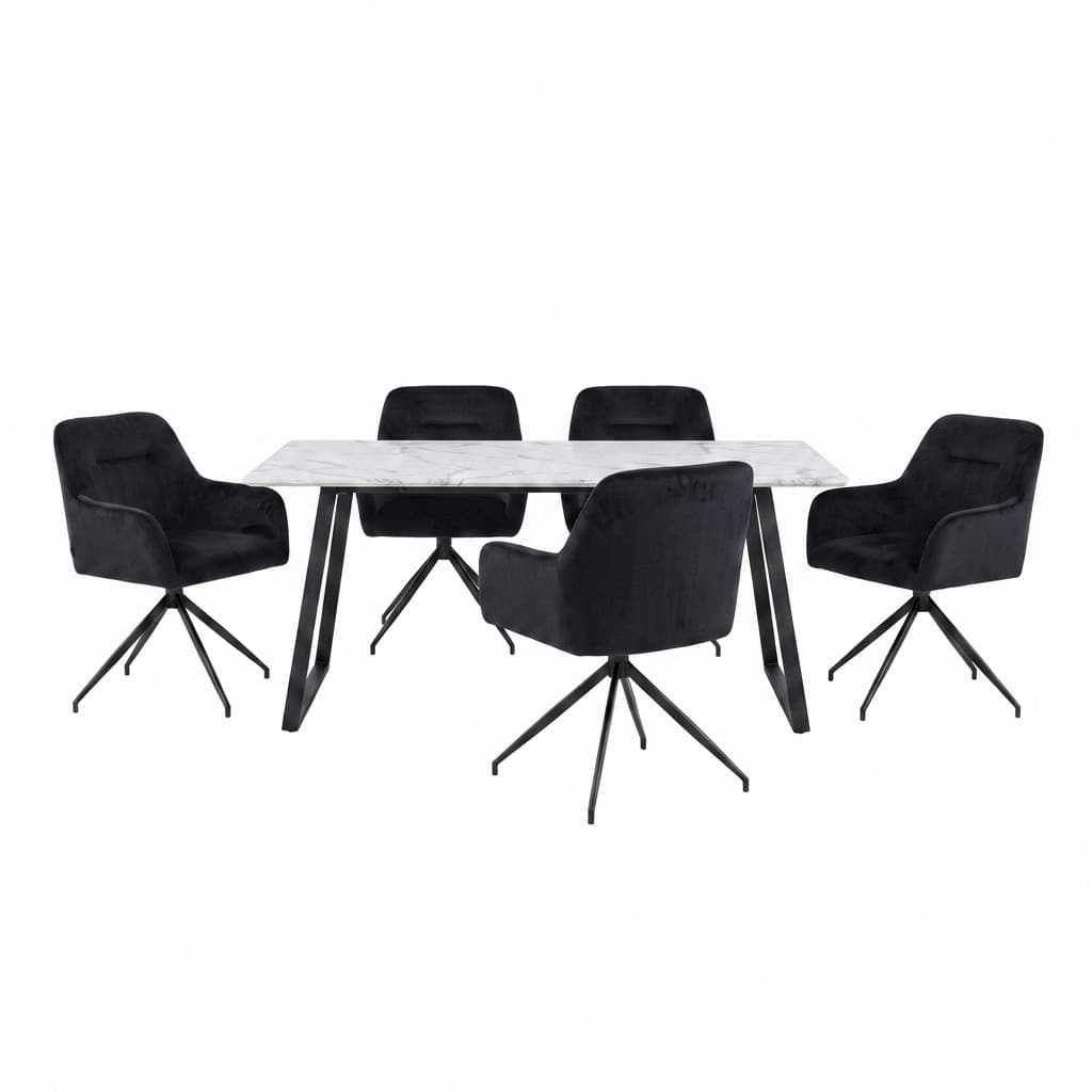Malaga Essgruppe Tisch 90x200cm Marmor weiß und 6 Moon Stühle Velours schwarz.