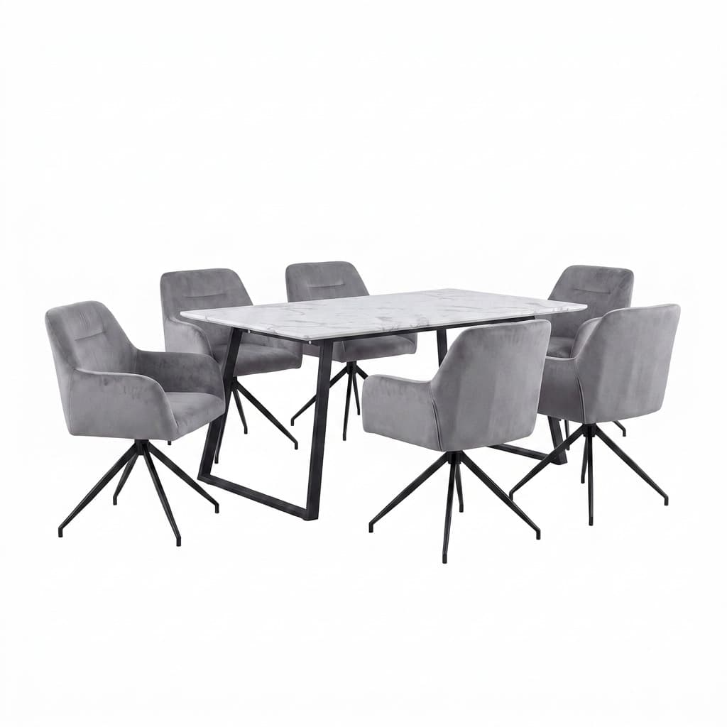 Malaga Essgruppe Tisch 90x200cm Marmor weiß und 6 Moon Stühle Velours grau.