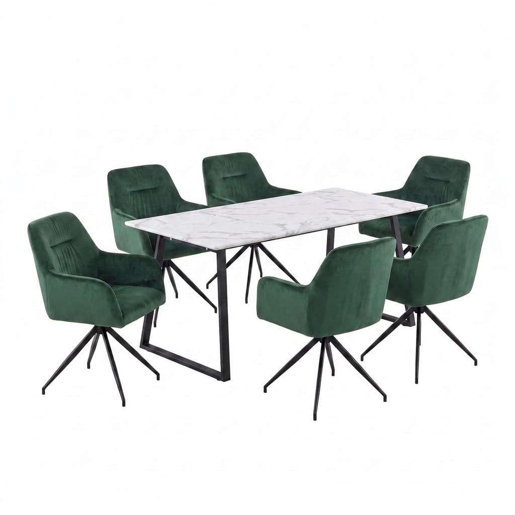 Malaga Essgruppe Tisch 90x200cm Marmor weiß und 6 Moon Stühle Velours grün.