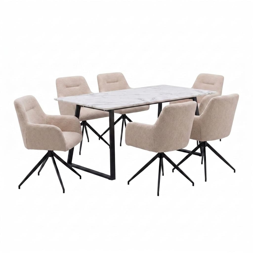 Malaga Essgruppe Tisch 90x200cm Marmor weiß und 6 Moon Stühle boucle beige.